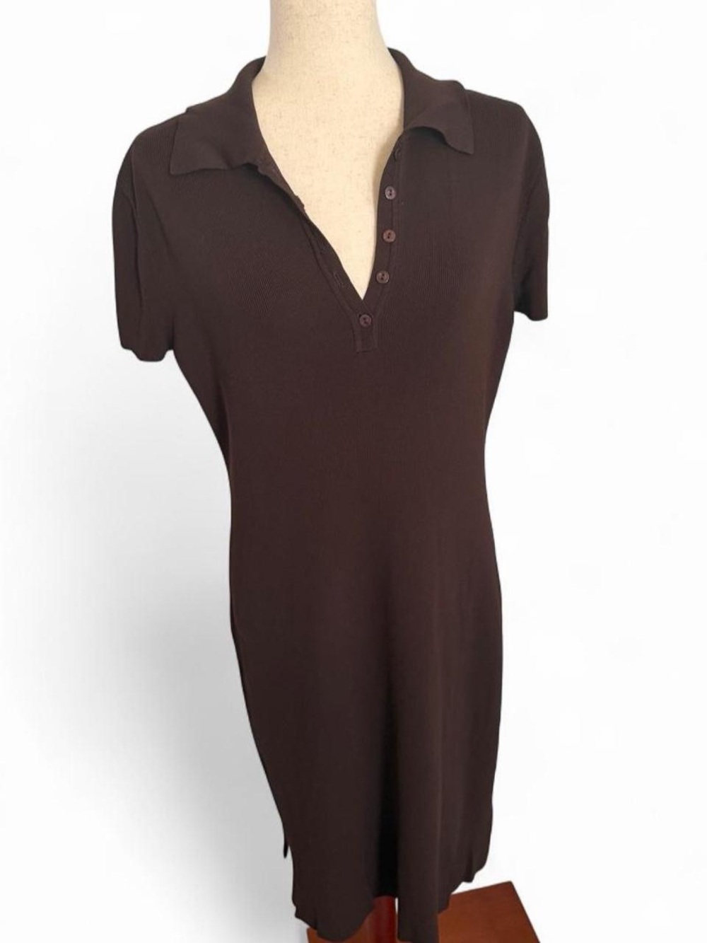BCBG MAXAZRIA Size XL Chocolate Brown Knit Polo Dress Stretch Preppy Minimalist